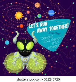 Vector illustration in flat style about outer space. Planets in the universe. Greeting card