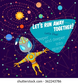 Vector illustration in flat style about outer space. Planets in the universe. Greeting card