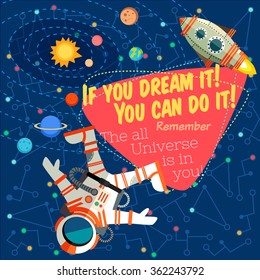 Vector illustration in flat style about outer space. Planets in the universe. Greeting card