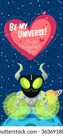 Vector illustration in flat style about outer space. Planets in the universe. Happy valentines day greeting card
