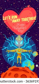 Vector illustration in flat style about outer space. Planets in the universe. Happy valentines day greeting card