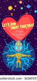 Vector illustration in flat style about outer space. Planets in the universe. Happy valentines day greeting card
