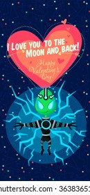 Vector illustration in flat style about outer space. Planets in the universe. Happy valentines day greeting card