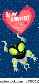 Vector illustration in flat style about outer space. Planets in the universe. Happy valentines day greeting card