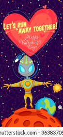 Vector illustration in flat style about outer space. Planets in the universe. Happy valentines day greeting card