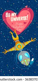Vector illustration in flat style about outer space. Planets in the universe. Happy valentines day greeting card