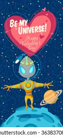 Vector illustration in flat style about outer space. Planets in the universe. Happy valentines day greeting card