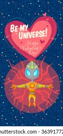 Vector illustration in flat style about outer space. Planets in the universe. Happy valentines day greeting card