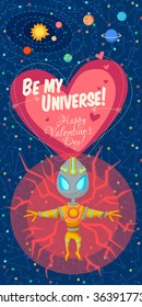 Vector illustration in flat style about outer space. Planets in the universe. Happy valentines day greeting card