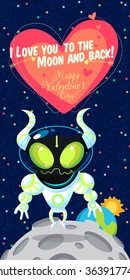 Vector illustration in flat style about outer space. Planets in the universe. Happy valentines day greeting card