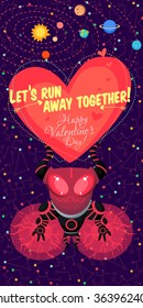 Vector illustration in flat style about outer space. Planets in the universe. Happy valentines day greeting card