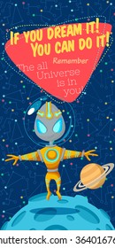 Vector illustration in flat style about outer space. Planets in the universe. Greeting card