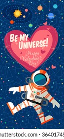 Vector illustration in flat style about outer space. Planets in the universe. Happy valentines day greeting card