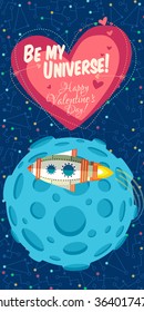 Vector illustration in flat style about outer space. Planets in the universe. Happy valentines day greeting card