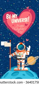 Vector illustration in flat style about outer space. Planets in the universe. Happy valentines day greeting card