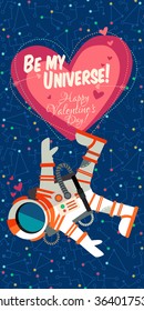 Vector illustration in flat style about outer space. Planets in the universe. Happy valentines day greeting card