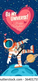 Vector illustration in flat style about outer space. Planets in the universe. Happy valentines day greeting card