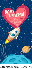 Vector illustration in flat style about outer space. Planets in the universe. Happy valentines day greeting card