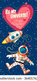 Vector illustration in flat style about outer space. Planets in the universe. Happy valentines day greeting card