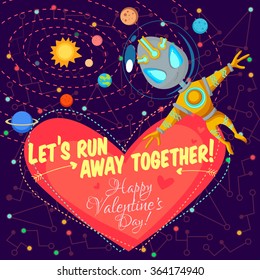 Vector illustration in flat style about outer space. Planets in the universe. Happy valentines day greeting card