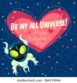 Vector illustration in flat style about outer space. Planets in the universe. Happy valentines day greeting card