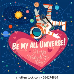 Vector illustration in flat style about outer space. Planets in the universe. Happy valentines day greeting card