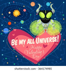 Vector illustration in flat style about outer space. Planets in the universe. Happy valentines day greeting card