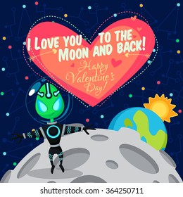 Vector illustration in flat style about outer space. Planets in the universe. Happy valentines day greeting card