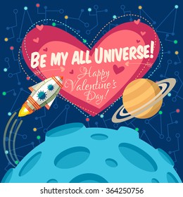 Vector illustration in flat style about outer space. Planets in the universe. Happy valentines day greeting card
