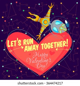 Vector illustration in flat style about outer space. Planets in the universe. Happy valentines day greeting card