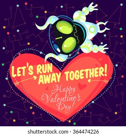 Vector illustration in flat style about outer space. Planets in the universe. Happy valentines day greeting card