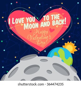 Vector illustration in flat style about outer space. Planets in the universe. Happy valentines day greeting card