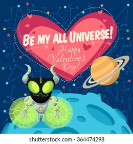 Vector illustration in flat style about outer space. Planets in the universe. Happy valentines day greeting card