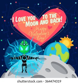 Vector illustration in flat style about outer space. Planets in the universe. Happy valentines day greeting card