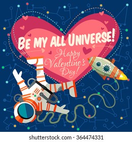 Vector illustration in flat style about outer space. Planets in the universe. Happy valentines day greeting card