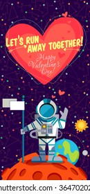 Vector illustration in flat style about outer space. Planets in the universe. Happy valentines day greeting card