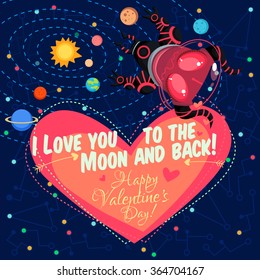 Vector illustration in flat style about outer space. Planets in the universe. Happy valentines day greeting card