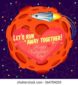 Vector illustration in flat style about outer space. Planets in the universe. Happy valentines day greeting card