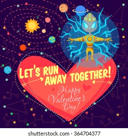 Vector illustration in flat style about outer space. Planets in the universe. Happy valentines day greeting card