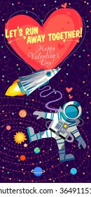 Vector illustration in flat style about outer space. Planets in the universe. Happy valentines day greeting card