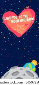 Vector illustration in flat style about outer space. Planets in the universe. Happy valentines day greeting card