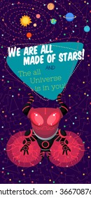 Vector illustration in flat style about outer space. Planets in the universe. Happy valentines day greeting card