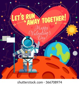 Vector illustration in flat style about outer space. Planets in the universe. Happy valentines day greeting card