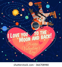 Vector illustration in flat style about outer space. Planets in the universe. Happy valentines day greeting card