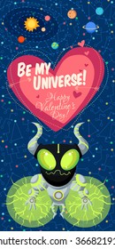 Vector illustration in flat style about outer space. Planets in the universe. Happy valentines day greeting card