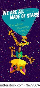 Vector illustration in flat style about outer space and robot. Planets in the universe. Greeting card