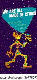 Vector illustration in flat style about outer space and robot. Planets in the universe. Greeting card