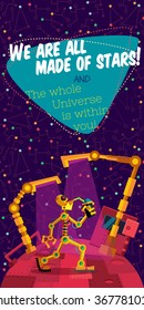 Vector illustration in flat style about outer space and robot. Planets in the universe. Greeting card