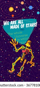 Vector illustration in flat style about outer space and robot. Planets in the universe. Greeting card