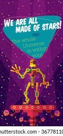 Vector illustration in flat style about outer space and robot. Planets in the universe. Greeting card